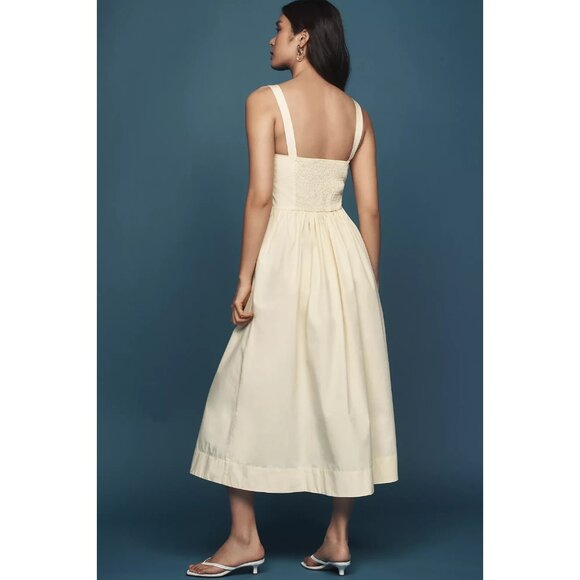 By Anthropologie Drop-Waist Ruched Midi Dress Butter Yellow XL - Picture 3 of 3